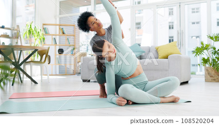Personal trainer, yoga and women in home stretching for wellness, healthy body and training on floor. Friends, living room and people on gym mat for pilates, exercise and workout for mindfulness 108520204