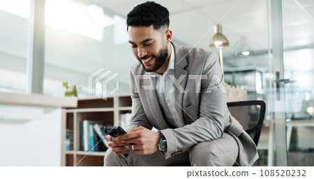 Phone, networking and businessman in the office typing a message on the internet or mobile app. Technology, chatting and young male lawyer on cellphone for email or social media in modern workplace. 108520232