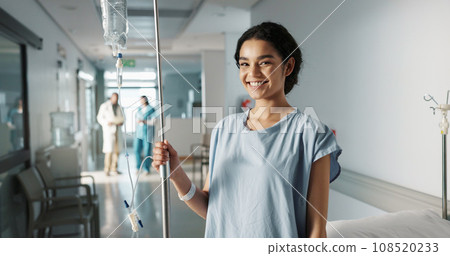 Iv drip, patient and portrait of happy woman in a hospital or clinic corridor with treatment for recovery from surgery. Intravenous, medicine and person with medical insurance for care and health 108520233