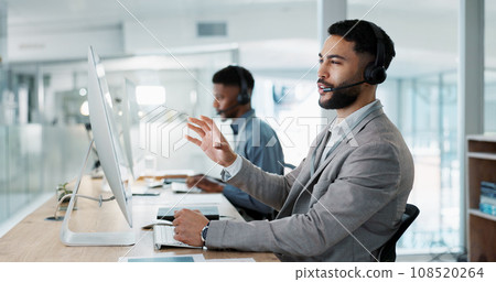 Call center, customer service and man on an online consultation on a computer working in the office. Contact us, crm and young male telemarketing consultant or agent talking for support in workplace. 108520264