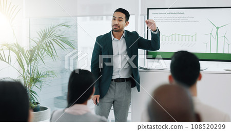 Presentation, renewable energy and engineering with business people in meeting for planning, sustainability and environment. Technology, research and windmill with employees in office for workshop Presentation, renewable energy and engineering with business people in meeting for planning, sustainability and environment. Technology, research and windmill with employees in office for workshop 108520299