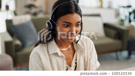 Happy woman, call center and headphones in remote work, customer service or telemarketing at home office. Face of female person, consultant or freelance agent smile for online advice, CRM or help Happy woman, call center and headphones in remote work, customer service or telemarketing at home office. Face of female person, consultant or freelance agent smile for online advice, CRM or help 108520330