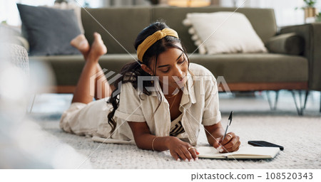 Woman, writing and home with notes in living room for planning a schedule and checklist. Book, learning and thinking of a female freelancer doing remote work with ideas in a journal with a list Woman, writing and home with notes in living room for planning a schedule and checklist. Book, learning and thinking of a female freelancer doing remote work with ideas in a journal with a list 108520343