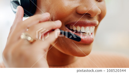 Call center headset, mouth or professional happy person talking on telemarketing, sales pitch or technical support. Help desk closeup, communication microphone and agent consulting on lead generation 108520344
