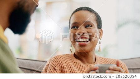 Coffee, conversation and happy woman at home on a living room sofa with a man and hot drink. Couple, tea and smile with communication and conversation together with love and support on a couch Coffee, conversation and happy woman at home on a living room sofa with a man and hot drink. Couple, tea and smile with communication and conversation together with love and support on a couch 108520354