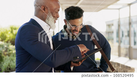 Outdoor, business people and men with a tablet, conversation and talking with connection, company website and email. Staff, manager and employee with technology, outside and internet with digital app Outdoor, business people and men with a tablet, conversation and talking with connection, company website and email. Staff, manager and employee with technology, outside and internet with digital app 108520495