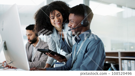 Business people, call center and coaching in telemarketing, support or customer service at office. Team, agent or consultant training staff together in teamwork for online advice, help or contact us Business people, call center and coaching in telemarketing, support or customer service at office. Team, agent or consultant training staff together in teamwork for online advice, help or contact us 108520496