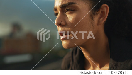 Woman, athlete and thinking outdoor for fitness, exercise or wellness with determination or thoughtful. Runner, person and mindfulness for workout, training and healthy body with sportswear in town 108520513