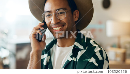 Thinking, talking and man on phone call in retail for networking, orders and planning stock. Happy, idea and an Asian employee in fashion with conversation about a sale at a boutique or shop online Thinking, talking and man on phone call in retail for networking, orders and planning stock. Happy, idea and an Asian employee in fashion with conversation about a sale at a boutique or shop online 108520556