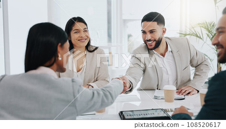 Happy businessman, handshake and meeting in b2b, deal agreement or promotion in team conference at office. Business people shaking hands in greeting, introduction or partnership together at workplace 108520617