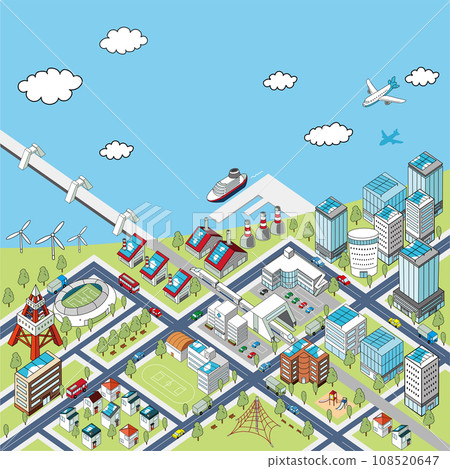 Overhead illustration of a cityscape by the sea Overhead illustration of a cityscape by the sea 108520647