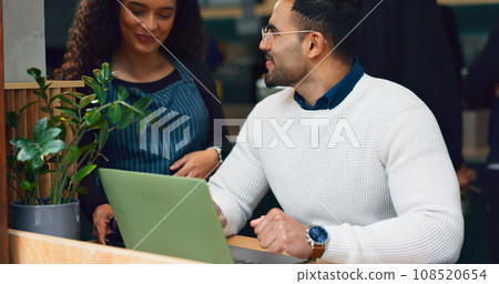 Coffee shop waitress, laptop and happy man, customer, remote work person smile for cafe barista service. Network connection, restaurant diner server and client with order, tea or morning hospitality 108520654
