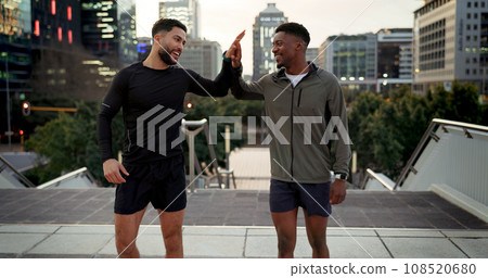Friends, men and runner with high five outdoor for fitness, exercise or city training during workout. Athlete, people and hands together for team building, happiness and support for running challenge 108520680