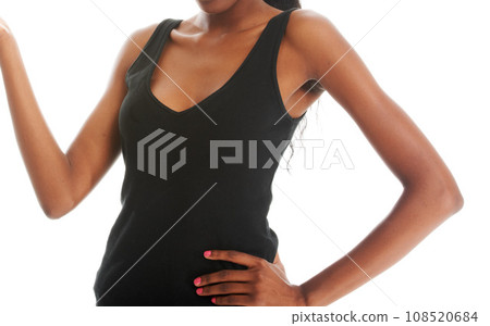 Woman, fashion and hand in studio or tshirt outfit, clothes or casual style. Female model person, arm gesture pose and trend for natural confidence on white background with mockup space 108520684