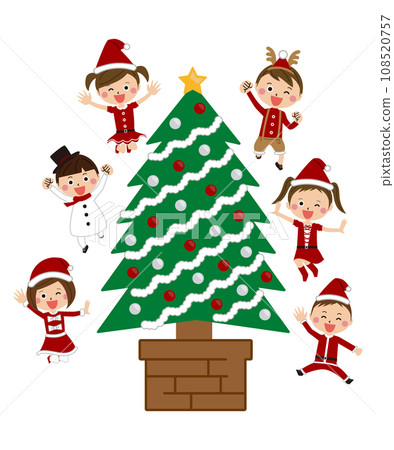 Pop children Christmas tree boys and girls jumping 108520757