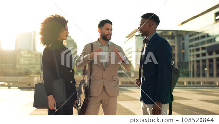 Business people, handshake and team in street, talk and city with meeting, introduction and attorney group. Men, women or corporate law employees with shaking hands, friends or outdoor on road in cbd 108520844