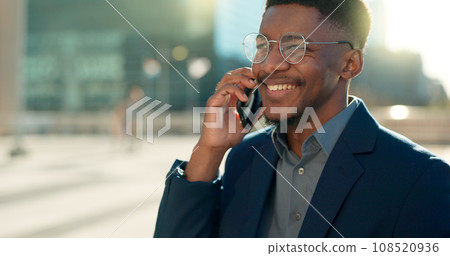 Business deal, city or happy black man on a phone call talking, networking or speaking to chat. Mobile, communication or African male entrepreneur in conversation, discussion or negotiation outdoors Business deal, city or happy black man on a phone call talking, networking or speaking to chat. Mobile, communication or African male entrepreneur in conversation, discussion or negotiation outdoors 108520936