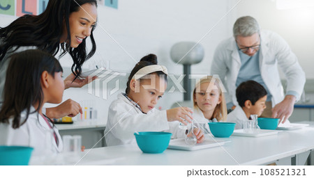 Science, chemistry and children in class with their teachers for learning or to study. Students, school and scholarship with kids in a laboratory for an experiment of chemical reaction for education 108521321