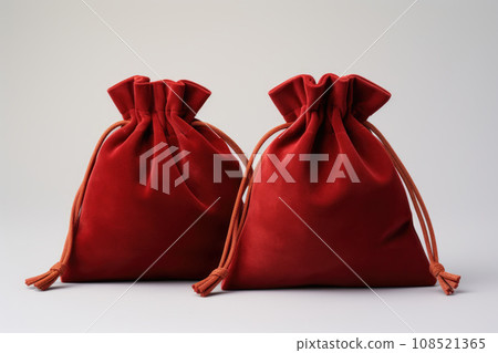 Red velvet bags for storing jewelry and jewelry isolated 108521365