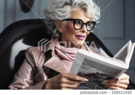 A woman with gray hair reads a newspaper and laughs A woman with gray hair reads a newspaper and laughs 108521485
