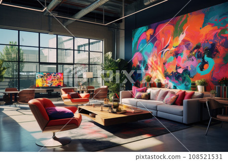 A dynamic creative room with a vibrant portfolio of works and a workspace for collaboration A dynamic creative room with a vibrant portfolio of works and a workspace for collaboration 108521531