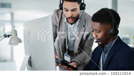 Call center, training and man learning in office with mentor, technical support and advice for working on computer. Employees, collaboration and questions for manager helping on project with tech Call center, training and man learning in office with mentor, technical support and advice for working on computer. Employees, collaboration and questions for manager helping on project with tech 108521654