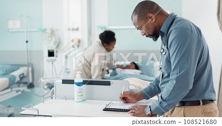 Doctor, writing and hospital documents for patient, family or child insurance, checklist and healthcare history. Professional african man or pediatrician in medical clinic with paperwork or charts Doctor, writing and hospital documents for patient, family or child insurance, checklist and healthcare history. Professional african man or pediatrician in medical clinic with paperwork or charts 108521680