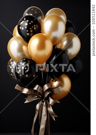 Bright helium balloons with confetti. Postcard Template 108521692