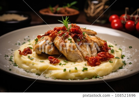 Chicken breast dish with dried tomatoes, parmesan cheese with potato pore Chicken breast dish with dried tomatoes, parmesan cheese with potato pore 108521696