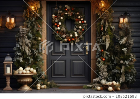 Entrance door with a Christmas wreath and Christmas trees 108521698