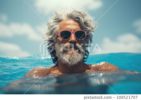An aged man in sunglasses swims in the pool 108521707
