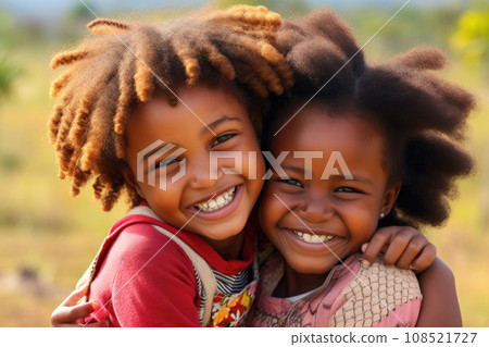 Two African girls hug and laugh 108521727