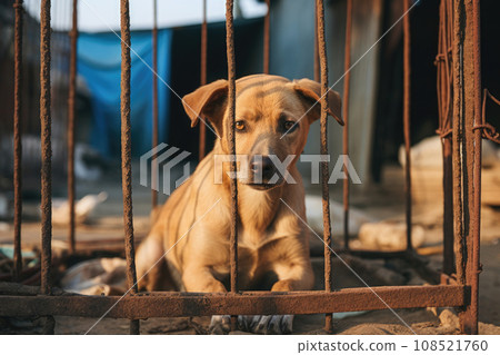 A stray puppy lies in a metal cage A stray puppy lies in a metal cage 108521760