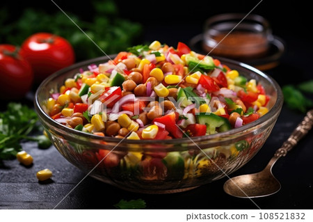 Salad of canned beans, corn, tomatoes, peppers and onions Salad of canned beans, corn, tomatoes, peppers and onions 108521832