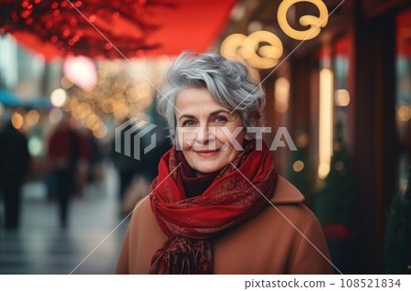 An adult woman with a red scarf walks around the Christmas city An adult woman with a red scarf walks around the Christmas city 108521834