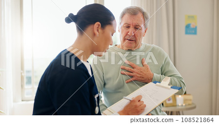 Nurse, clipboard and senior man with heart pain, chest problem or cardiovascular lung fail, tuberculosis risk or cancer. Hypertension, asma and caregiver writing notes, health survey or ask questions Nurse, clipboard and senior man with heart pain, chest problem or cardiovascular lung fail, tuberculosis risk or cancer. Hypertension, asma and caregiver writing notes, health survey or ask questions 108521864