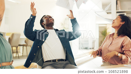 Meeting, celebration and paper in air with man with success in office with wow and employee motivation from deal. Happy, excited and group with company growth, target goal and document confetti 108521898