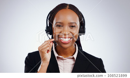 Business woman, call center and portrait for communication, customer service or support on a white background. Happy face of african advisor, consultant or agent in headphone for contact us in studio 108521899
