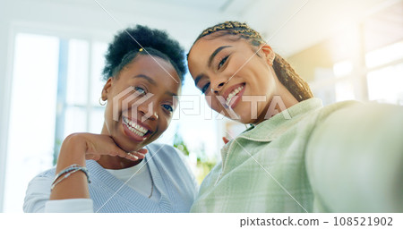 Happy woman, portrait and friends for selfie, photography or memory together for weekend at home. Female person or people smile in happiness for photograph, social media or holiday picture in house Happy woman, portrait and friends for selfie, photography or memory together for weekend at home. Female person or people smile in happiness for photograph, social media or holiday picture in house 108521902