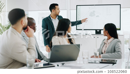 People, teamwork and wind turbine presentation for renewable energy, eco friendly business and sustainability planning. Engineering manager, meeting and collaboration for windmill model or 3d design 108522060