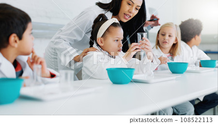 Science, education and kids in class with their teacher for learning or to study chemistry. Children, school and scholarship with students in a laboratory for an experiment of chemical reaction 108522113