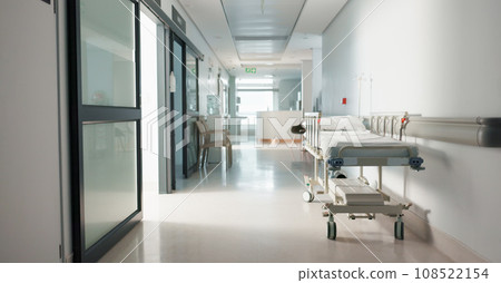 Healthcare, hospital and empty hallway with bed for medical care, health insurance and help in surgery. ER, emergency and lobby at clinic with stretcher for wellness, service and support in medicine. Healthcare, hospital and empty hallway with bed for medical care, health insurance and help in surgery. ER, emergency and lobby at clinic with stretcher for wellness, service and support in medicine. 108522154