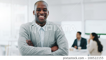 Portrait of black man, smile in office and arms crossed, confident project manager at engineering agency. Happy businessman, design business startup with pride, positive mindset and leader in Africa. Portrait of black man, smile in office and arms crossed, confident project manager at engineering agency. Happy businessman, design business startup with pride, positive mindset and leader in Africa. 108522155