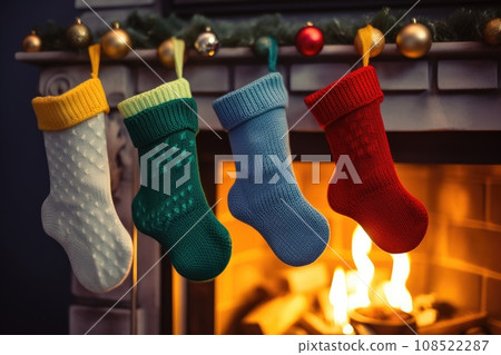 Christmas socks hanging on the fireplace Christmas socks hanging on the fireplace 108522287