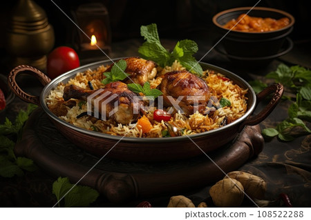 Chicken biryani served in a bronze bowl 108522288