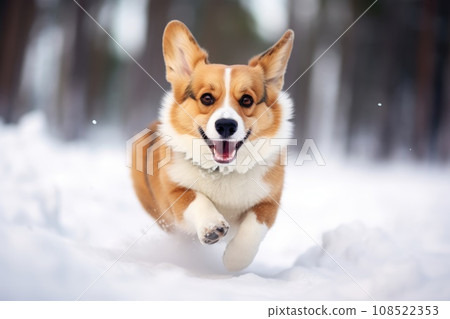 A corgi dog runs through the snow in the forest A corgi dog runs through the snow in the forest 108522353