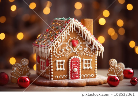 Traditional Christmas gingerbread house with icing on the background of garlands of lights 108522361