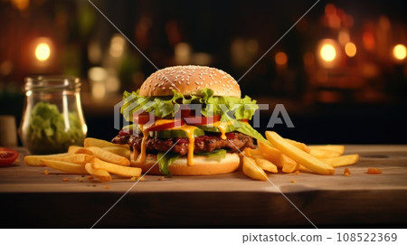 Advertising banner with hamburger, fries and drinks 108522369