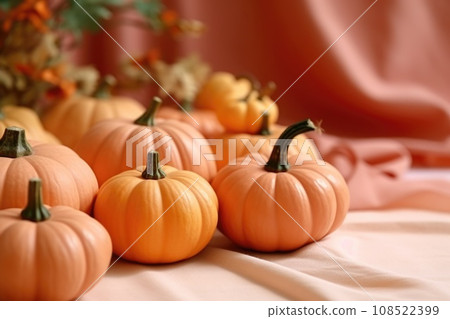 Small decorative pumpkins lie on a peach background 108522399
