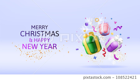 3D Gift Box With Falling Confetti 3D Gift Box With Falling Confetti 108522421